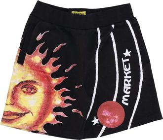 Market Zwarte Sweatshorts met Zonnestelselprint - Heren - Korte Broeken - Zwart - M - Katoen - Korte Broeken