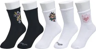 Ed Hardy Flowery Cross Print Half Cushion Mid Crew Sock 5 Pack in White Multi at Nordstrom