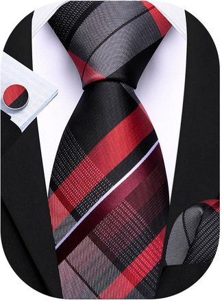 Barry.Wang Mens Red Black Tie Silk Tartan Necktie Plaid Pocket Square Cuff Links Sets Wedding Business