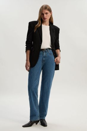 Karen Millen Womens Rigid Denim High Rise Straight Leg Jean - Blue Cotton - Size 16 UK