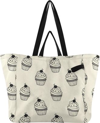 Generic Dessert Cupcakes Berries Beige pattern Reusable Canvas Tote Bag, Heavy Duty Grocery Shopping Bag with Hard Bottom Double Handles Large Capacity Work G