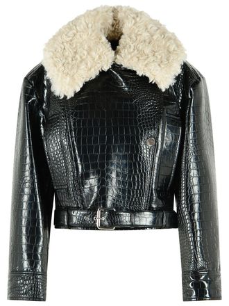 Sportmax Black Patent Leather Jacket with Crocodile Print and Belted Waist