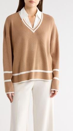 Adrianna Papell V-Neck Twofer Sweater Top in Golden Camel/Ivory at Nordstrom Rack, Size X-Large
