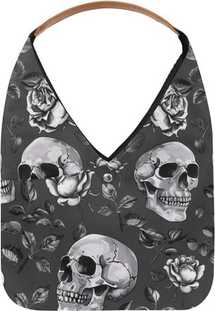 Generic Grey Skull Rose Patterns Reusable Lightweight Grocery Bags - Foldable Into Compact Pouch, Washable & Sturdy, Multipurpose for Shopping and Travel