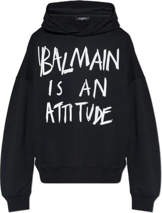 Balmain Sweatshirt met logoprint - Heren - Hoodies - Zwart - L - Katoen - Hoodies & sweatvesten