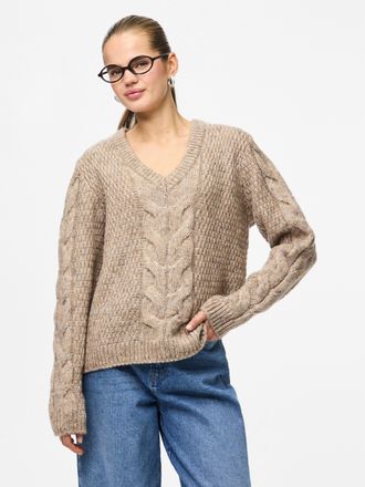 Pieces Strickpullover PIECES PCNINA LS V-NECK KNIT NOOS BC, Damen, Gr. XS, beige (fossil), Strick, Obermaterial: 82% Polyester, 14% Polyacryl, 4% Wolle, unif