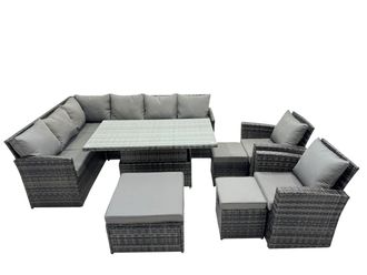 Fimous 11 Seat Outdoor Height Adjustable Rising Lifting Table Corner Sofa Set in Dark Grey