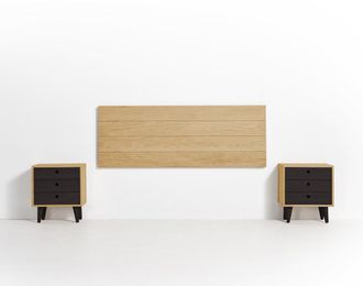 HOGAR 24 Cabecero acabado madera + 2 mesitas tres cajones cera/negro