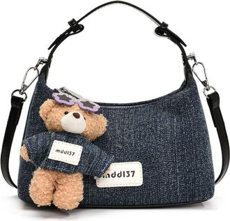 Generic Handbag for Womens Denim Fashion Versatile Crossbody Bag(01 Black + Pendant,A)