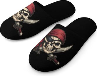 Generic Skull And Crossbones Piratees Mens Slippers Warm Non-Slip Houes Shose Spa Slipper for Home Bedroom