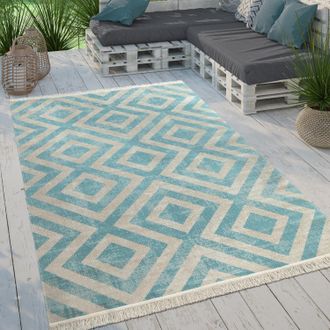 Paco Home Paco Home - Alfombra Tejido Plano Interior Exterior Moderno Motivo Rombos Terraza Balc&oacute;n &Oslash; 160 Cm Redon, Azul-blanco