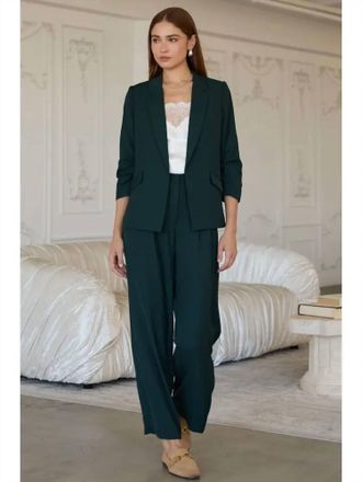Skies Are Blue Clothing Shirred Sleeve Blazer In Forest Green