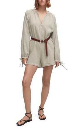 Mango Long Sleeve Cotton Gauze Romper in Light/Pastel Grey at Nordstrom, Size Large