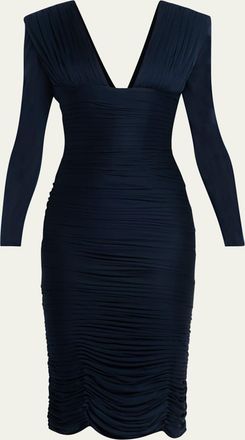 Versace Gathered Long-Sleeve Midi Dress