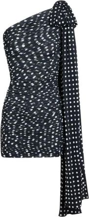 Patou Jurk met polkadots en gedrapeerde one-shoulder halslijn - Dames - Feestkleedjes - Blauw - M - Nylon - Kleedjes