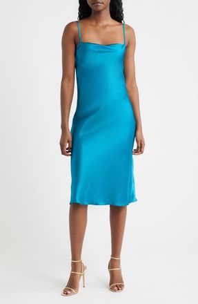 Jump Apparel Bow Back Satin Cocktail Slipdress in Peacock at Nordstrom, Size X-Small