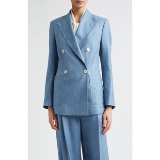 Eleventy Double Breasted Wool, Silk & Linen Blazer in 130 Sky Blue at Nordstrom, Size 14 Us
