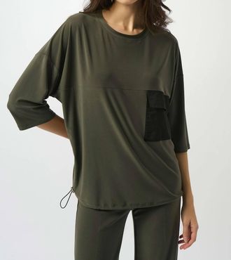 Joseph Ribkoff Rita Ruched Top With Pocket In Avocado/black