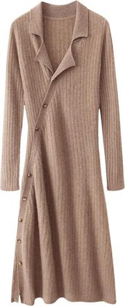 Generic 100 Percent Merino Wool Dress for Womens Winter Long Sleeved Solid Color Lapel Button Knit Dress Brown Gray S