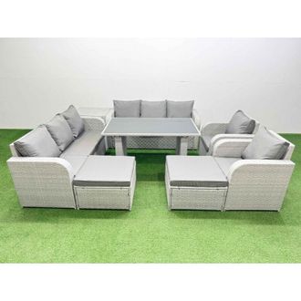 Fimous 10 Seater Wicker pe Rattan Furniture Outdoor Dining Table 3 Seater Sofa Reclining Chair Set with Side Table 2 Big Stools Light Grey - Fimous