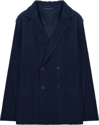 Homme Pliss&eacute; Issey Miyake Navy Double-Breasted Pleated Tailored Jacket