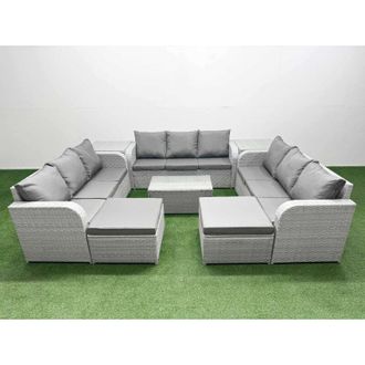 Fimous Pe Rattan Lounge Sofa Set 11 Seater Outdoor Garden Furniture Set with Rectangular Coffee Table 3 Seater Sofa 2 Big Footstools 2 Side Table Light Grey