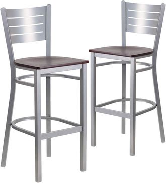 Flash Furniture 2 Pk. Silver Slat Back Metal Restaurant Barstool - Mahogany Wood Seat
