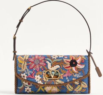 Valentino Garavani Valentino Garavani Devain Small Shoulder Bag In Embroidered Denim Woman DENIM/MULTICOLOUR UNI