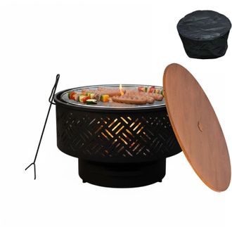 Relaxdays Braciere Relaxdays, &Oslash; 66 cm, con griglia, coperchio, attizzatoio e copertura impermeabile, nero/naturale