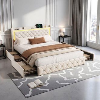 OEM Cama Doble 140x190 Acolchada - Terciopelo Beige - 4 Cajones - Led Rgb + Usb-c - Somier De Madera