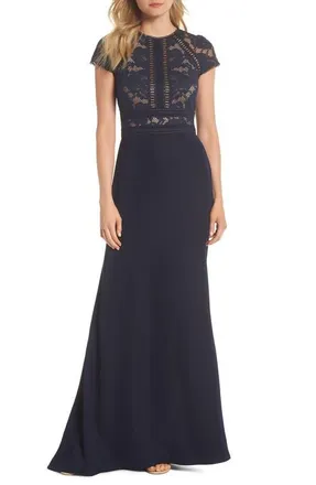 Tadashi Shoji Lace & Crepe A-Line Gown in Navy/Nude at Nordstrom, Size 10