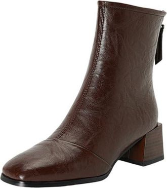Generic Womens Leather Ankle Boots Square Toe Mid Block Heels Back Zipper Comfortable Non Slip Wear Resistant Daily Casual Office Shoes,Brown,5.5 UK