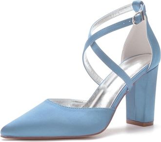 Generic Womens High Heels Satin Bridal Shoes Block Heel Wedding Shoes Pointy Toe Bridal Shoes Cross Strap Wedding Prom Party Heels 9Cm,Sky Blue,10 UK