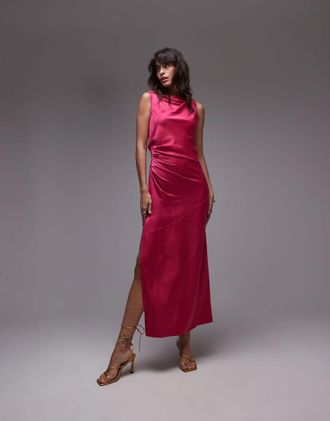 Topshop Vestito midi rosa in raso con pinces in vita e spalle annodate-Nessun colore