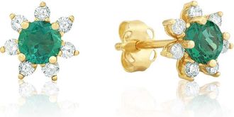 MAX + STONE 14k Yellow or White Gold Gemstone and 4mm Diamond Flower Halo Stud Earrings