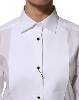 Dolce & Gabbana White Cotton Tuxedo Bib Long Sleeve Dress Womens Shirt