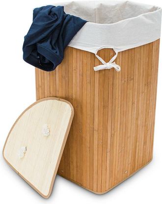 Relaxdays Relaxdays - Bamboo Corner Laundry Basket, 65 x 49.5 x 37 cm, 64L, Folding Hamper with Laundry Sack, Natural Brown
