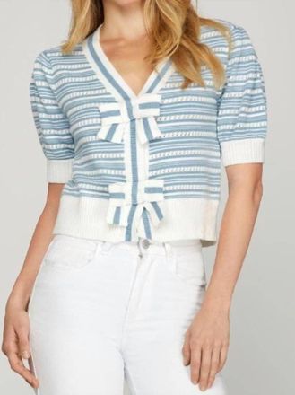 She + Sky Womens Puff Sleeve Bow Cropped Cardigan In Light Blue