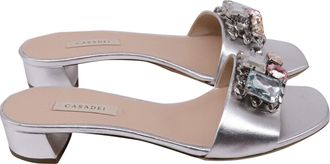 Casadei Crystal-Embellished Slide Sandals in Metallic Silver Leather