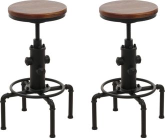 Hhg Hhg - Nunca Usado] Juego De 2 Taburetes De Bar 970, Taburete De Bar Altura Regulable Reposapi&eacute;s Giratorio Hierro Industrial Madera Maciza, Marr&oacute;n