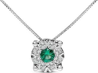 House of Brilliance 14K Gold Emerald & 1/3 Cttw Diamond Halo Pendant Necklace in White at Nordstrom