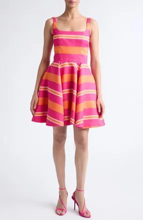 Emilia Wickstead Mona Stripe Taffeta Faille Fit & Flare Minidress in Graphic Stripe-Hot Pink Orange at Nordstrom, Size 14
