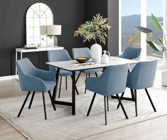 Furniturebox Carson White Marble Effect Dining Table & 6 Falun Black Leg Chairs in Blue