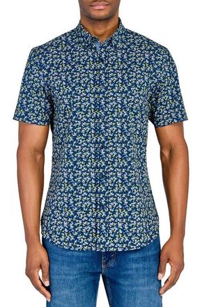 ConStruct Slim Fit Mini Floral Recycled 4-Way Stretch Performance Short Sleeve Shirt in Navy at Nordstrom, Size Small
