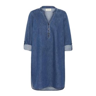 Cream Denim Tunic with V-Neck and Buttons - female - Cream - Short Dresses - Blue - M - Dresses