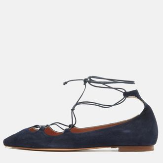 Carolina Herrera Blue Suede Pointed Toe Tie Up Ballet Flats