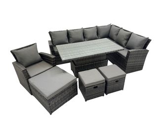 Fimous 10 Seat Rattan Garden Furniture Corner Sofa Set with 3 Footstools in Dark Grey