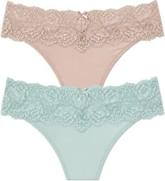 Skarlett Blue Goddess Lace Trim Thong 2-Pack in Cashmere/sparkling Aqua at Nordstrom, Size X-Large