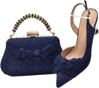 Generic Womens Luxury Shoes and Bag Set Rhinestones Flowers Decoration Pointed Toe High Heel Shoes for Wedding Party