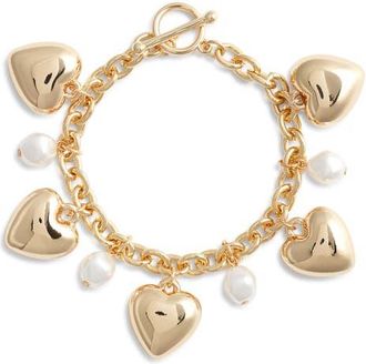 Nordstrom Faux Pearl & Heart Charm Bracelet in White- Gold at Nordstrom